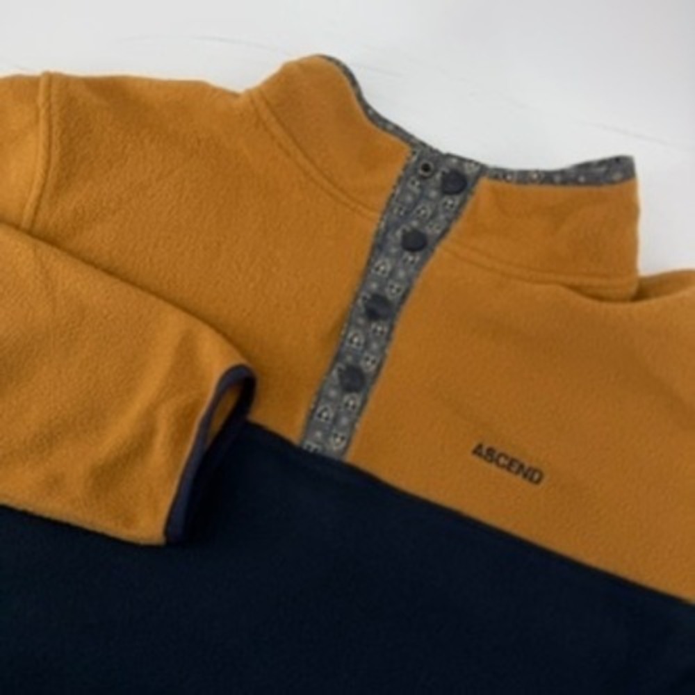 Ascend Mens XL Fleece Pullover Snap Mock Neck Colorblock Mustard Navy Blue